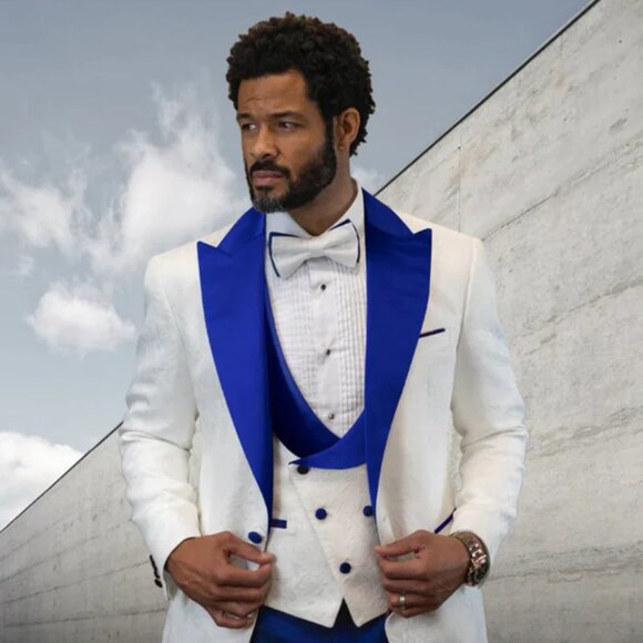 Statement Men's Royal Blue Patterned Vested Tuxedo with Bowtie main image 1